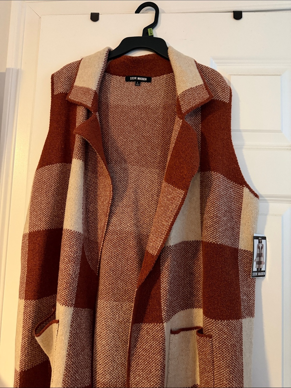 Steve Madden Rust and Cream Plaid Open-Front Cardigan